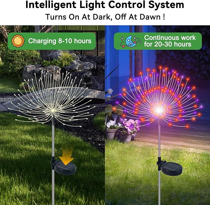 Slyuexu Solar Garden Lights Outdoor Waterproof, 2 Pack 120 LED Solar Firework Lights Decorative Garden Décor Outside for Flowerbed Pathway Party Halloween Christmas Decorations, Purple + Orange