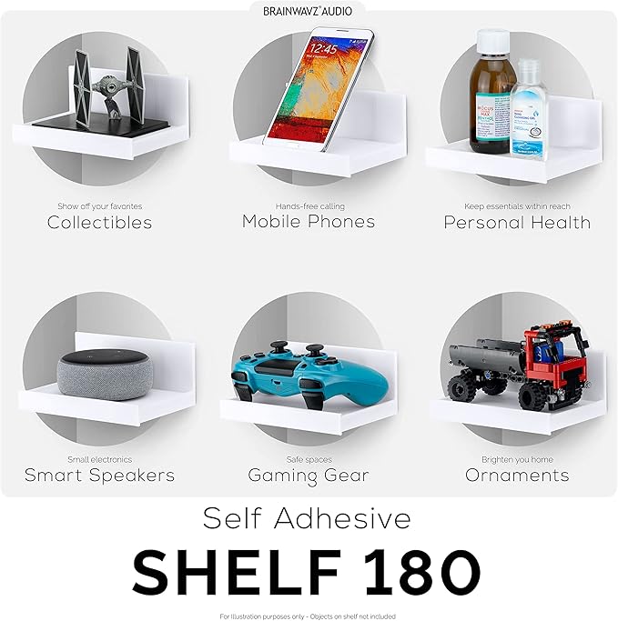 5.4" Adhesive Small Floating Shelf for Speakers, Books, Plants, Cameras, Toys, Decor & More, Screwless Wall Shelves, Easy to Install, By Brainwavz (SHELF180, White)