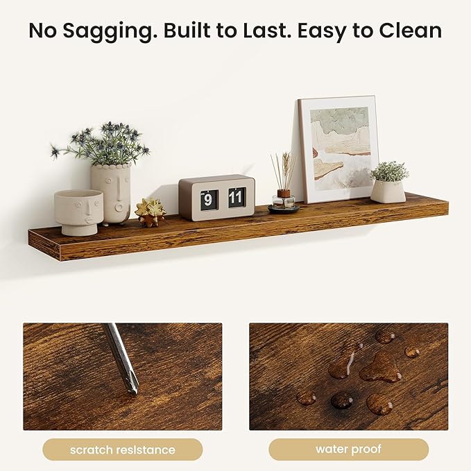 Fun Memories Floating Shelves for Wall, Rustic Wood Wall Mounted Shelves for Bathroom, Bedroom, Living Room and Kitchen, Storage & Home Decor (Set of 2, Brown, 48 in)