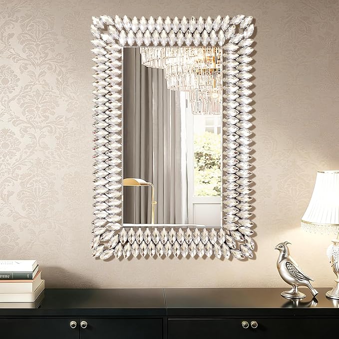24x36 Inch Rectangle Mirrors for Wall Decor, Luxury Diamond Entryway Mirrors for Wall, Silver Decorative Mirror for Living Room, Bedroom, Bathroom, Dining Room, Fireplace