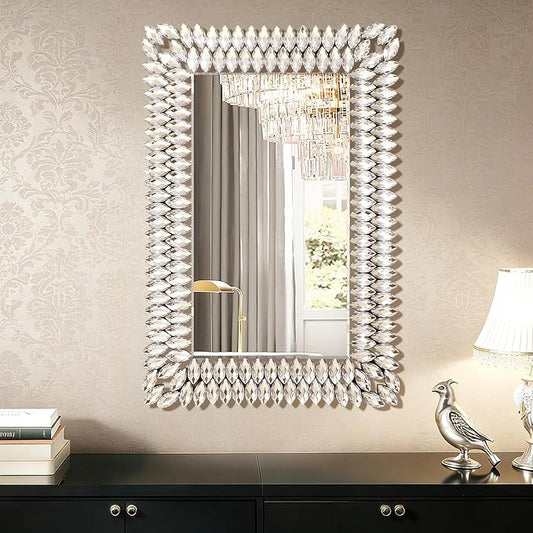 24x36 Inch Rectangle Mirrors for Wall Decor, Luxury Diamond Entryway Mirrors for Wall, Silver Decorative Mirror for Living Room, Bedroom, Bathroom, Dining Room, Fireplace