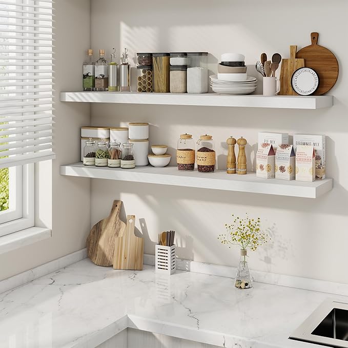 Fun Memories 48 Inch White Floating Shelves, 9.3 Inch Deep Wall Shelves for Living Room|Bedroom|Kitchen, Rusitc Wall Mounted Bathroom Shelves 2 Pack, Heavy-Duty Deep Shelf for Books，Decor