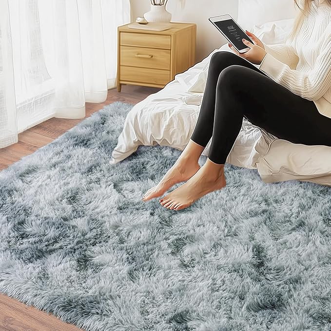 Area Rugs for Living Room 6x9, Ultra Soft Fluffy Rug for Bedroom, Modern Shaggy Carpet Fuzzy Rug for Girls Boys Room Home Indoor Nursery Teens Dorm Decor, Upgrade Non-Slip Durable, Tie-Dye Silver Grey