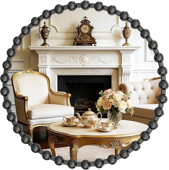 Round Vanity Mirror with Beaded Frame, 36 Inch Circle Wall Mirror for Bedroom Dresser, Entryway, Bathroom, Living Room, Decorative Hanging Wall Mirror, Black