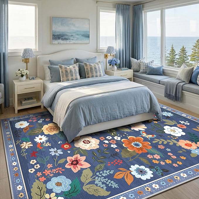 RELEANY Floral Nursery 9x12 Area Rugs Washable Print Boho Cute Carpet Non Slip Flower Low Pile for Living Room Kids Girls Playroom Bedroom Kitchen Office Farmhouse-Blue/Grey