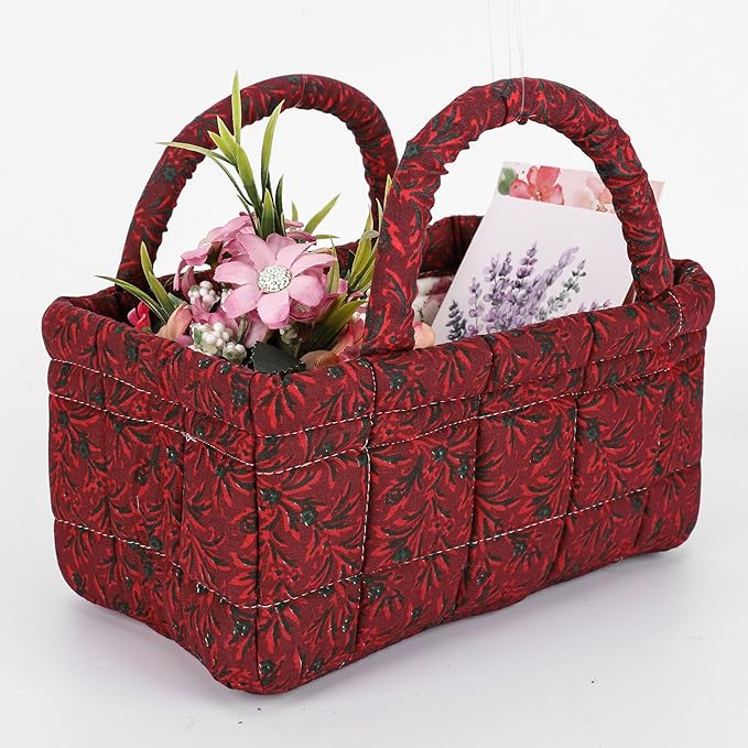 Mini Storage Basket, Small Quilted Boho Fabric Organizer Bin with Handle, Portable Collapsible Basket for Socks, Keys, Diaper