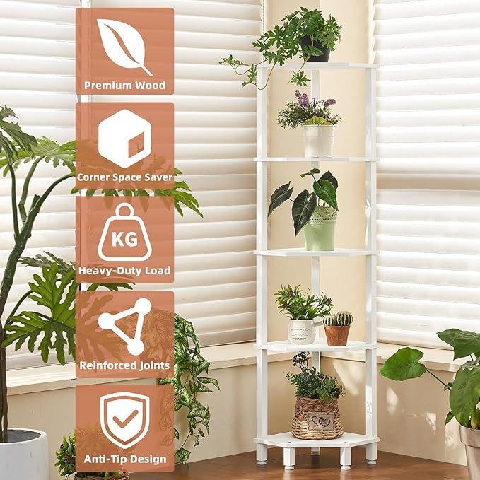 YUFAM 5-Tier Corner Shelf with Sturdy 5-Leg Base, 52in Tall Narrow Bookcase for Small Spaces, Wooden Plant Display Shelf, Thin Bookshelf for Living Room, Bedroom, Office, White