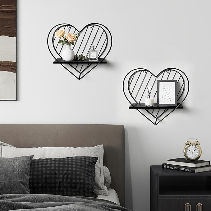 Afuly Floating Shelves - Black Wall Shelf, Heart Shaped Modern Minimalist Storage Rack Organizer for Bedroom, Bathroom, Living Room Home Decor