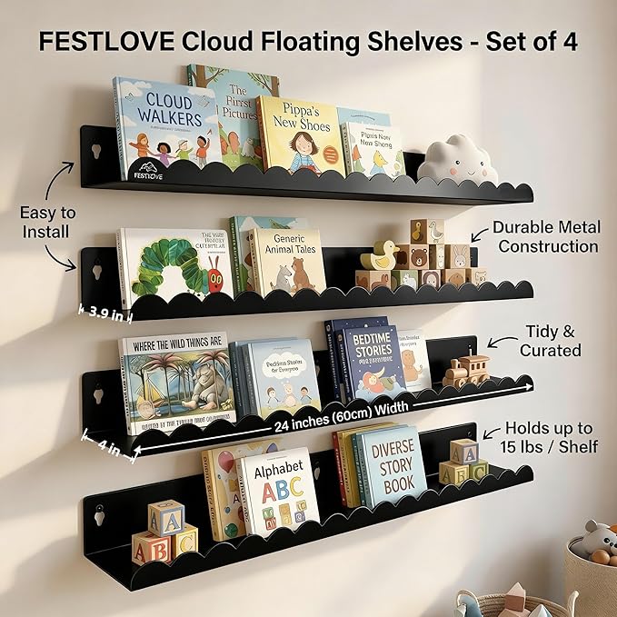 24 Inch Nursery Book Shelves Set of 4, Black Metal Floating Shelves for Wall, Scalloped Cloud Book Shelf for Kids Room, Bathroom, Bedroom, Playroom Wall Decor & Storage