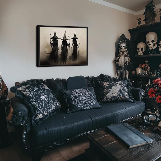 Framed Vintage Witch Canvas Wall Art - Halloween Witchy Wall Decor - Gothic Decor Aesthetics, Creepy Three Witches Rustic Macabre Dark Artwork Prints for Living Room Bedroom 12x16 inch