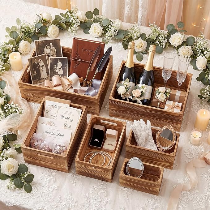 AceOrbit Set of 6 Wood Crates with Handles, Rustic Decorative Storage Boxes Distressed Wooden Nesting Display Baskets for Farmhouse, Wedding, Party Storage Display Supplies(Light Brown)