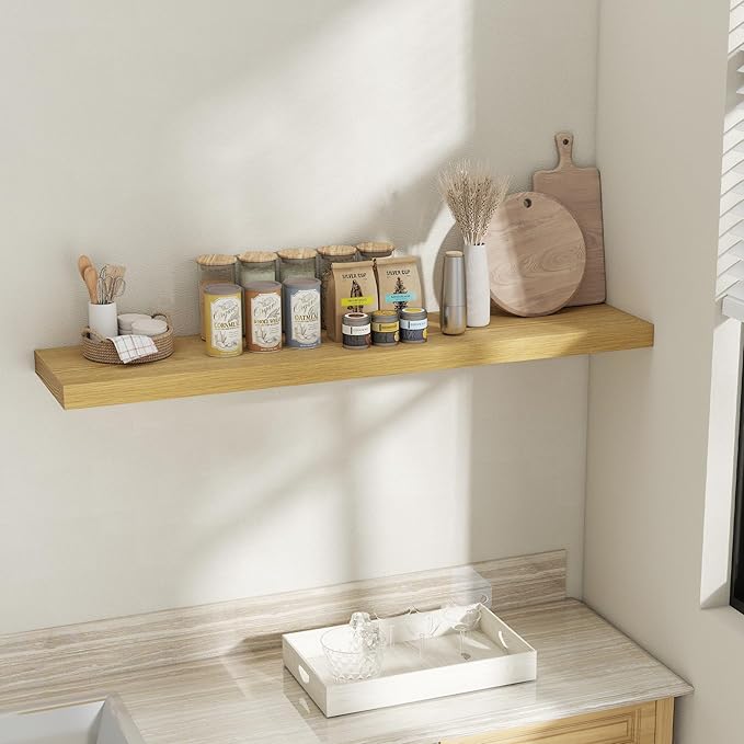 Fun Memories 55 Inch Fireplace Mantel Shelf, 12 Inch Deep Shelves for Display & Wall Storage, Rustic Wood Wall Shelf, Extra Long Floating Shelves for Bathroom Bedroom Living Room, Oak, 1 Pack