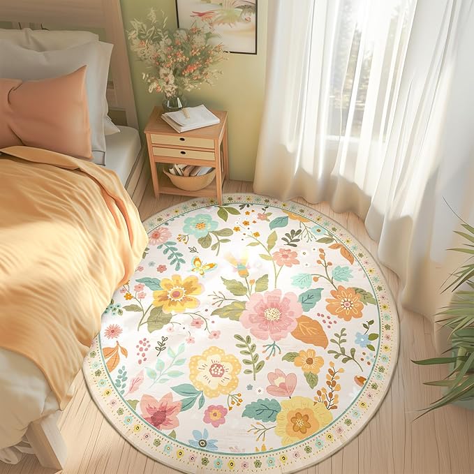 RELEANY Floral Nursery 4ft Area Rugs Washable Print Boho Cute Carpet Non Slip Flower Low Pile for Living Room Kids Girls Playroom Bedroom Kitchen Office Farmhouse-Beige/White/Orange