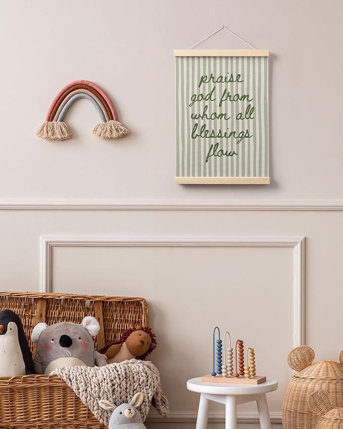 FGFK Sage Green Christian Wall Art Poster Hanger Frame, Trendy Striped Praise God From Whom All Blessing Flow Bible Verse Scripture Canvas Prints Framed Wall Decor for Room Home Dorm, 12x16 Inch