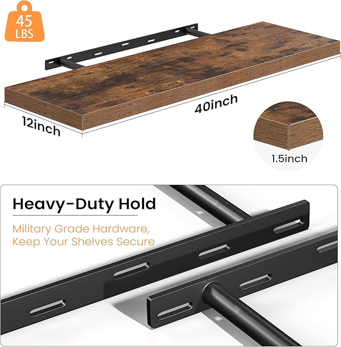 40 Inch Floating Shelves, 12 Inch Deep Wall Shelves, 40 x 12 Floating Shelf Set of 2, Rustic Brown Wood Floating Shelf Wall Mounted, Large Kitchen Living Room Bedroom Bathroom Storage Shelves