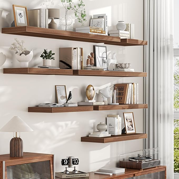 Walnut Floating Shelves for Wall, 55 Inch Floating Shelves Set of 2, Wall Mounted Rustic Wood Shelf for Bathroom, Living Room, Bedroom and Kitchen, Hanging Shelf for Storage, Books, Home Decor