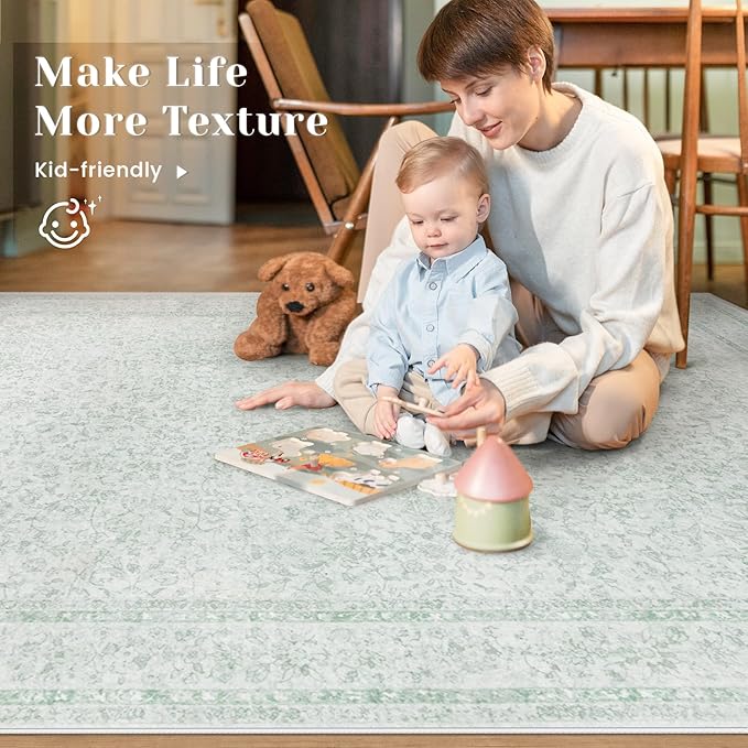 6x9 Area Rugs for Living Room: Washable Vintage Floral Rug Low Pile Non-Slip Boho Carpet for Nursery Bedroom Dining Room (Green, 6'x9')