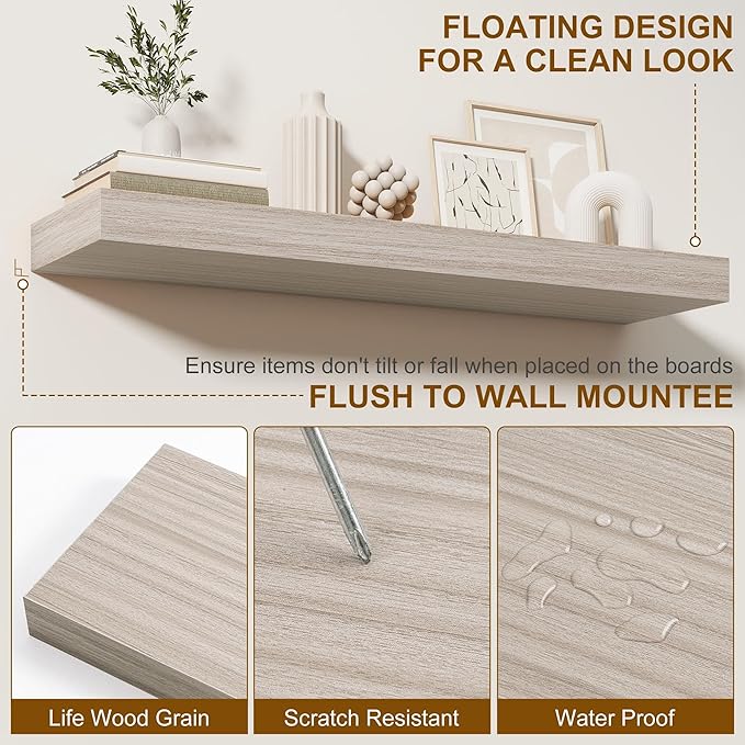 Fun Memories Floating Shelves for Wall, 48Inch Long Floating Shelves Set of 2, Hanging Shelf with Invisible Brackets, Wood Shelves for Living Room, Bedroom, Kitchen, Grey