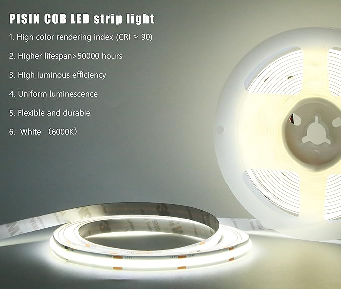 24V COB LED Strip Light White 6000K IP20 Uniform Light Emitting 480LEDs/M 16.4FT/5M CRI90 Flexible Can be Cropped LED Light Strip Cabinet Home DIY Lighting Projects (White 6000K)