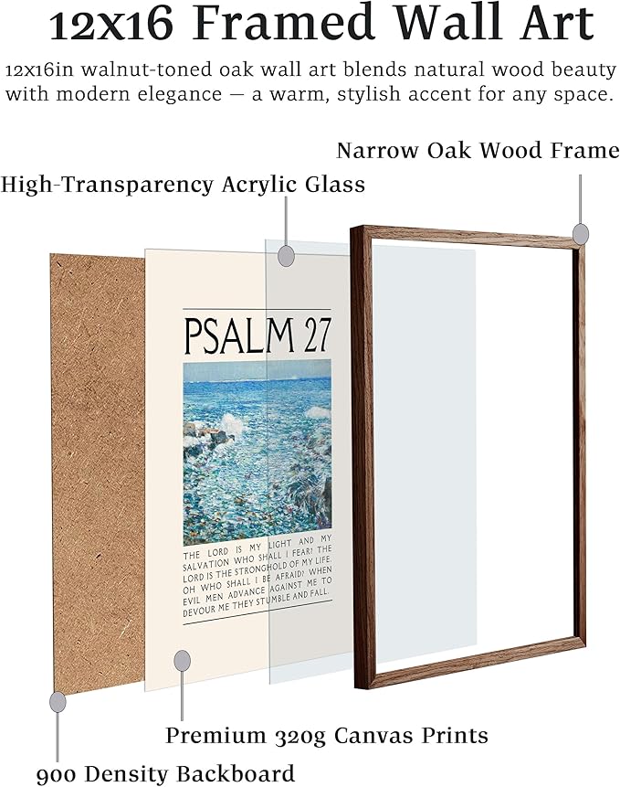 EcoHest Walnut Color OAK Wood Jesus Framed Wall Art, 12x16in Psalm 27 Bible Verse Christian Wall Art, Modern Faith Religious Bedroom Decor For Living Room Bathroom Christian Merch Gift 1Pack