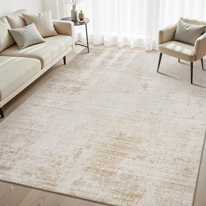 5x7 Area Rugs for Living Room Non Slip Machine Washable Rug Distressed Abstract Soft Indoor Carpet Neutral Boho Rug for Bedroom Dining Room Playroom Office, Beige