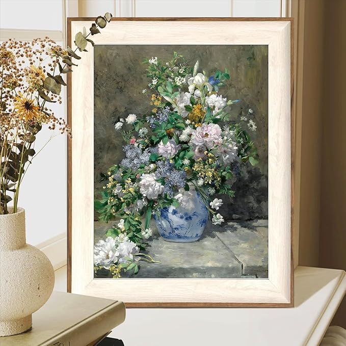 ASTRDECOR Framed Canvas Prints Art Vintage Decor for Living Room, Wildflowers Prints Botanical Wall Art Home Decor, Aesthetic Classical Floral Paintings, Bouquet in Blue White Porcelain Vase 12"x16"