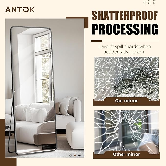 Antok Over The Door Mirror Full Length, 49'' x 14''Wall Mounted Hanging Mirror, Aluminum Alloy Frame, Shatterproof Glass, No Drill Installation for Bedroom, Closet, Bathroom, Dorm, Round Corner,Black