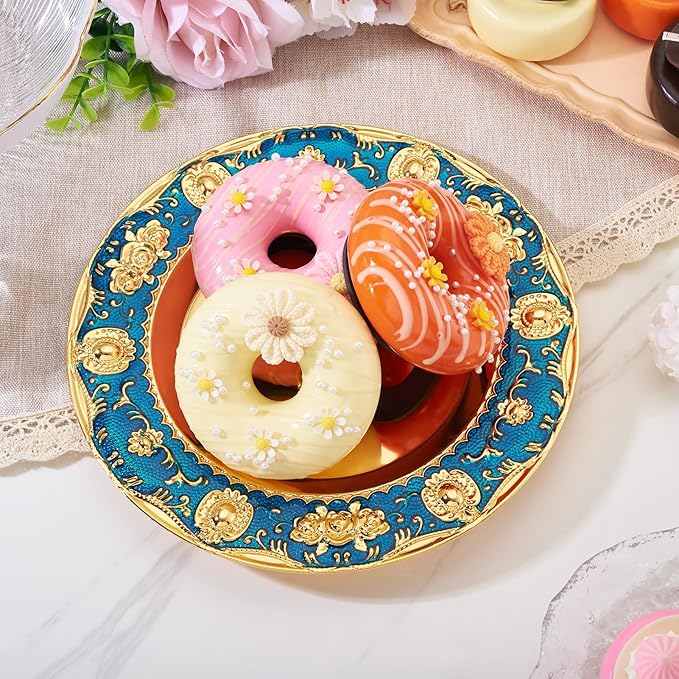1pcs Golden Serving Tray for Party 4.8" Vintage Round Decorative Plate Tray Jewelry Makeup Organizer Dishes Bathroom Vanity Tray for Gift Wedding Coffee Table Dessert Christmas 20 cm (Blue)