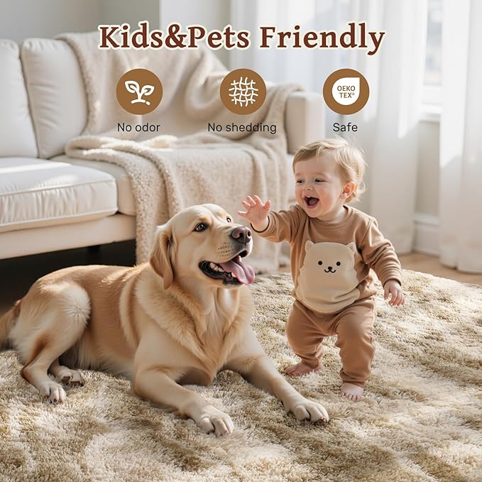 Area Rugs for Living Room 8x10 Feet, Soft Fluffy Shagg Plush Bedroom Rug Non-Slip,Large Carpet for Nursery Kids Dorm Home Decor Zebra Khaki