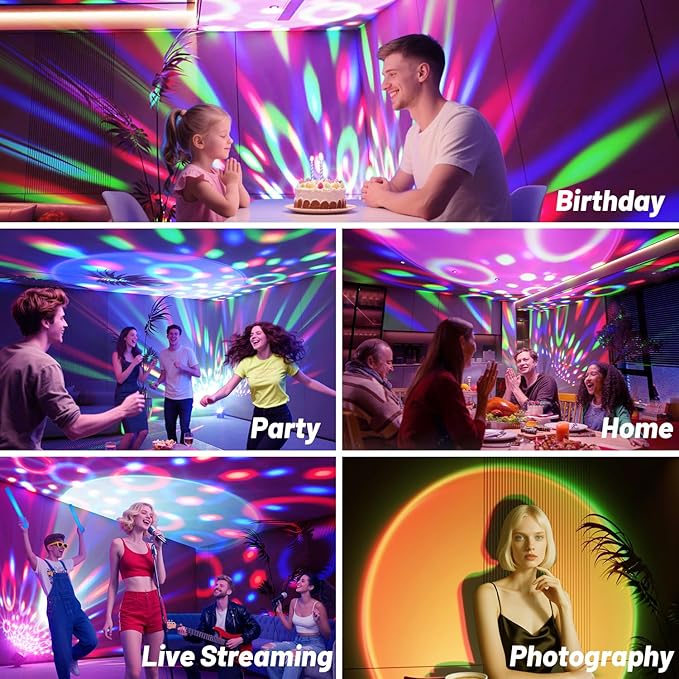 Disco Ball Party Lights Disco Light Sunset Lamp Projector with RGB+UV+White+YGB Sound Activated LED DJ Strobe Stage Light for Home Parties Living Room/Christmas/Halloween/Birthday/Wall/Décor