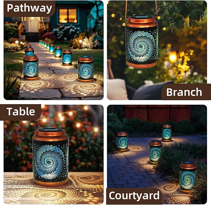 DIBIEECN Mothers Day Gifts for Mom, Birthday Gifts Grandma Ladies Solar Lanterns Outdoor Hanging Hollowed-Out Metal Waterproof LED Garden Decor Outside for Patio Yard Porch, Blue, 4 Pack