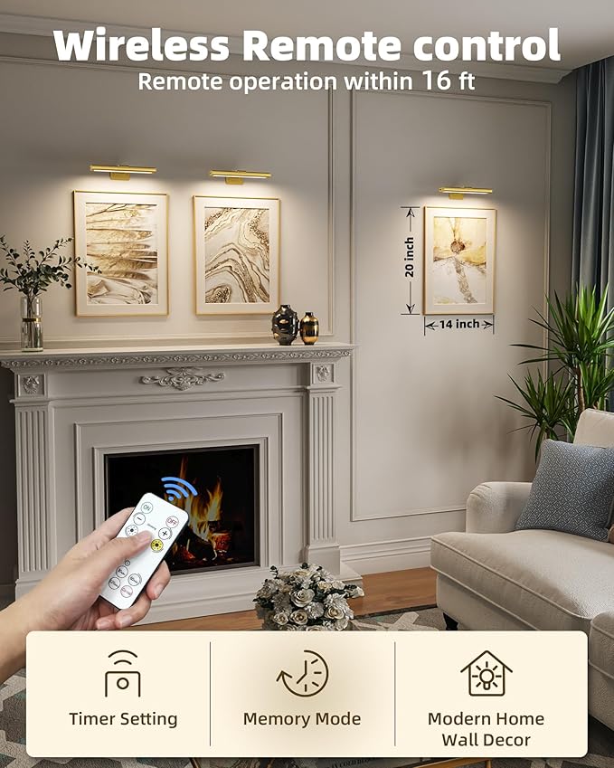 EZVALO Picture Light for Wall, Rechargeable 2400mAh Battery Lights Wireless with IR Remote, 3 Color & Dimmable Magnetic 7.87'' LED Lights Display for Painting, Living Room, Gallery, Bedroom(Gold-2P)