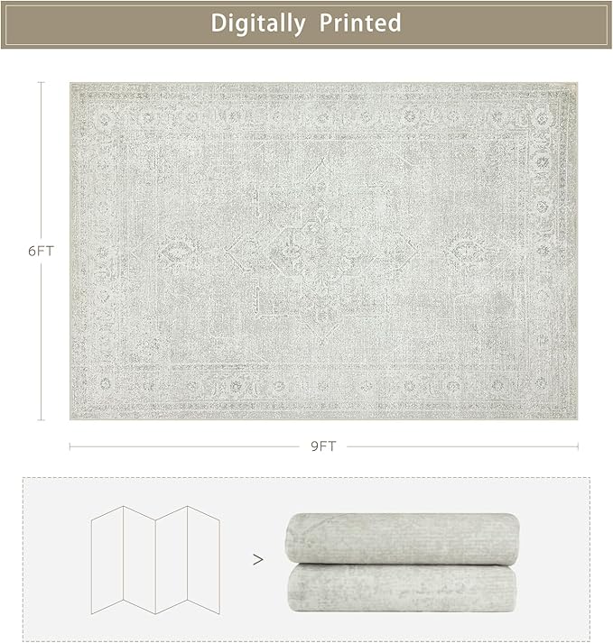 Srugn Washable Rugs 6x9 Area Rugs for Living Room,Bedroom,Large Carpets,Ultra Soft Faux Wool Retro Dining Room Rug,Non Slip&Non-Shedding Low Pile Vintage Rugs for Home Office,Concrete Grey