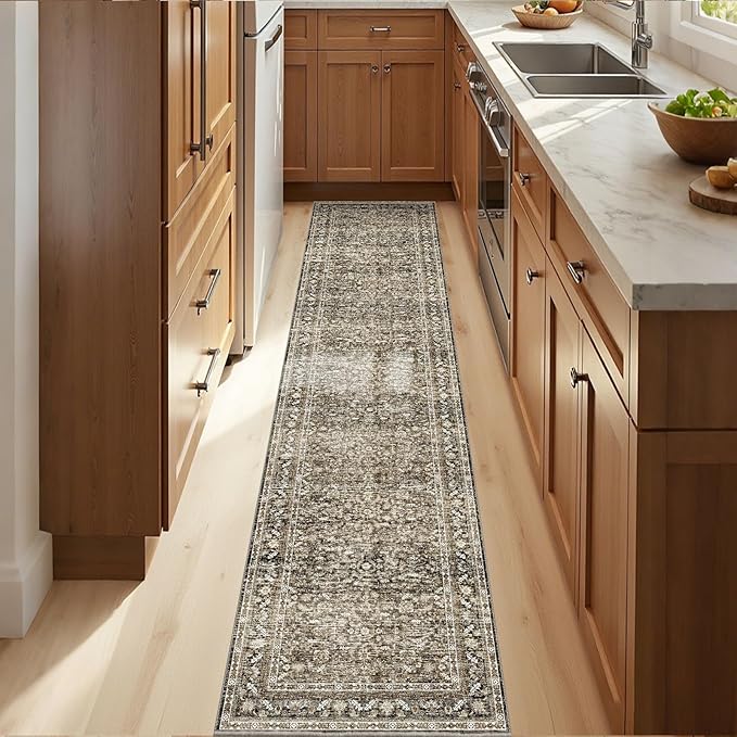 OPPODREAM Vintage Brown 2x10 Runner Rug, 2 x 10 Retro Washable Rug Non Slip, Low-Pile Faux Wool Carpet, Distressed Floor Mat for Kitchen, Hallway, Entry-Way, Entrance, Indoor Back Door