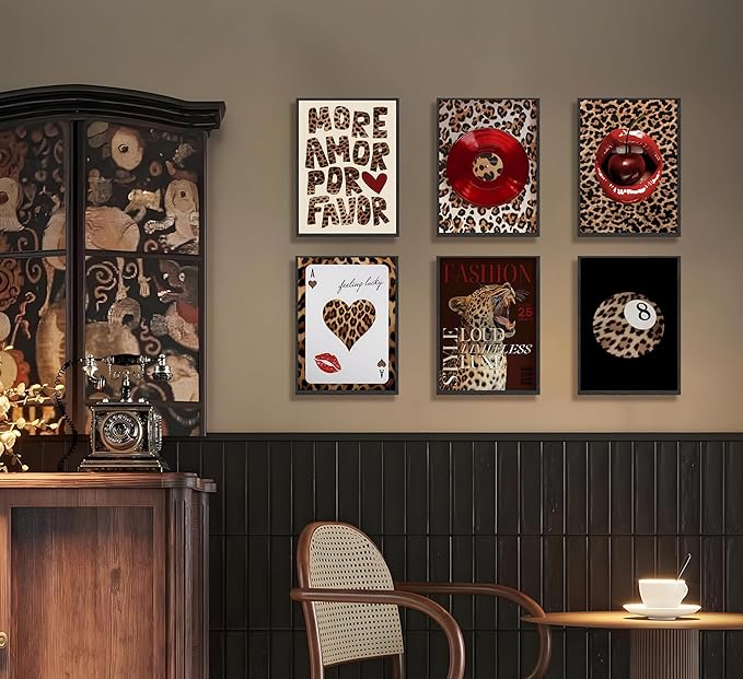 6pcs Fashion Leopard Wall Art Prints Leopard Lucky 8 Ball Poster Ace of Hearts, Spades Poker Canvas Prints Vintage Preppy Room Aesthetic Cheetah Wall Decor for Teen Girls Bedroom Dorm Apartment Living Room Decor Unframed