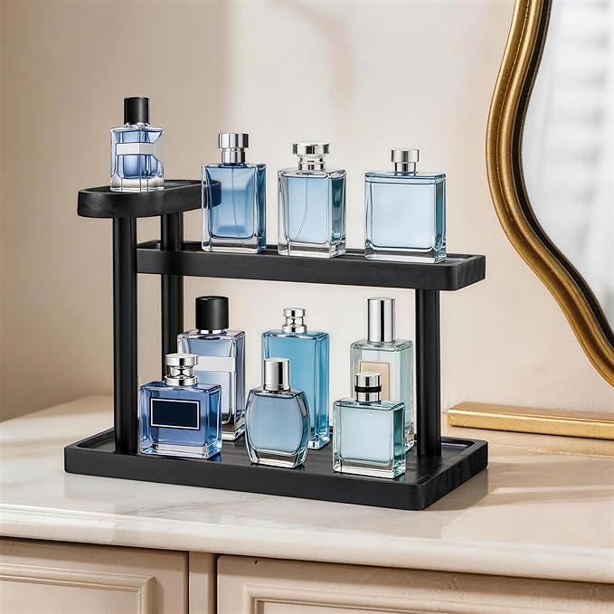 HBlife Cologne Organizer for Men, 12.5 Inch Cologne Stand for Men, Wooden Perfume Rack Display Shelf, 3-Tier Perfume Stand Organizer for Bedroom, Bathroom and Vanity, Ideal for Makeup Storage, Black