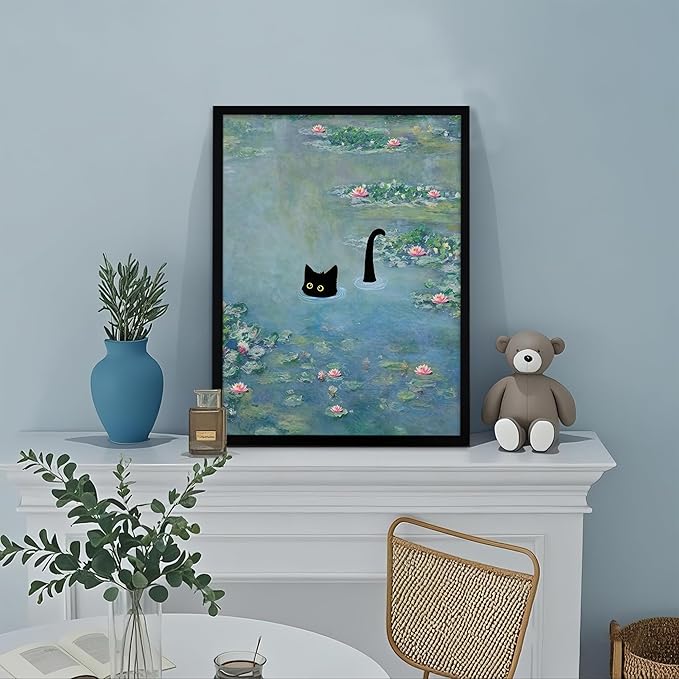 Fantasy Artists Monet Water Lilies Cat Wall Art, Framed Vintage Canvas Art Wall Decor, Funny Black Cat Posters Prints for Bathroom Bedroom Living Room Home Office Decorations 16" Wide X 24" Height