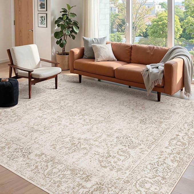 Rugxara 6x9 Washable Area Rug for Living Room, Vintage Neutral Large Boho Rugs for Office, Dining Room, Kids Room, Farmhouse, Durable Low Pile Non Slip Carpet for High Traffic Areas, Light Bown