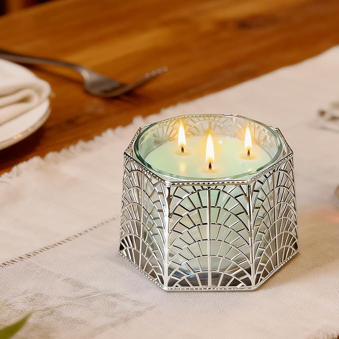 3 Wick Candle Holder, Shell Design Candle Jar Holder for 4-Inch Diameter Jars (5.25" D x 3.5" H), Rose Gold Metal, Coastal Decor