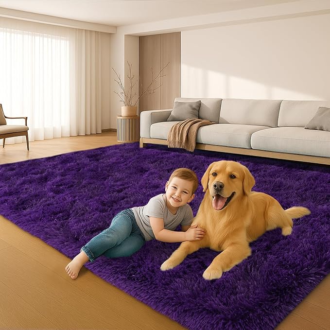 8x10 Area Rugs Living Room, Purple Large Plush Fluffy Bedroom Carpet, Non-Slip Upgraded Indoor Thick Soft Rug, Modern Plush Carpet Suitable for Kids Home Decor Aesthetics Dorm.