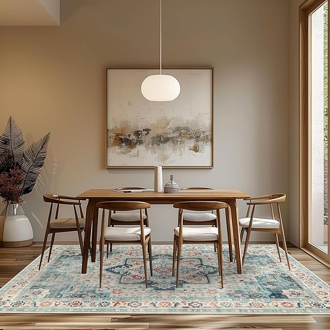 GENIMO 8x10 Area Rugs for Living Room, Machine Washable Non Slip Rugs, Low Pile Lightweight Vintage Print Rug for Bedroom, Dining Room, Home Office, Turquoise & White