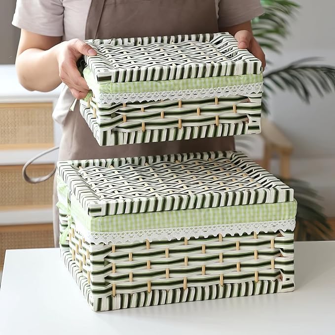 Paper Rope Storage Basket with Lid,Handmade Woven Rustic Green Shelf Basket for Organizing, Decor-Detachable & Washable Lining (Set of 2)