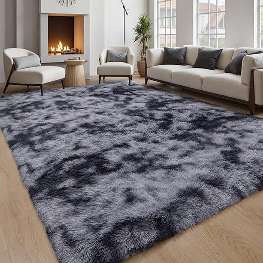 Grey Fluffy 9x12 Large Area Rugs for Bedroom Living Room,Tie-Dye Dark Gray Soft Washable Shag Carpet for Kids Room, Nursery, Dorm Decor, Colorful Cute Plush Fuzzy Rugs for Baby Toddler
