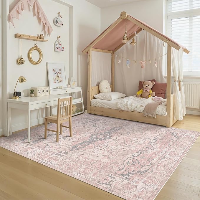 Rugxara Pink Rug for Living Room Bedroom, 5x7 Washable Area Rugs, Cute Boho Style, Non Slip & Low Pile Faux Wool Carpet for Indoor Nursery Room, Classroom Dorm, Kids Room and Dining Room(Pink 5x7ft)
