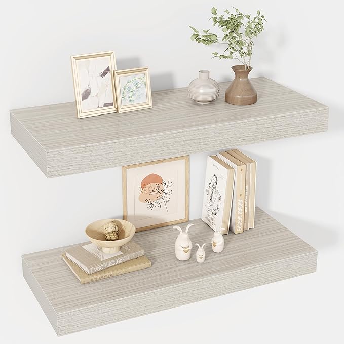 Acovy 24 Inch Floating Shelves, 12" Deep Floating Shelf Wall Mounted, 24" Wall Shelves, Rustic Deep Bookshelf, Extra Deeper & Thicker Display Shelves for Bedroom, Living Room, Gray, Set of 2
