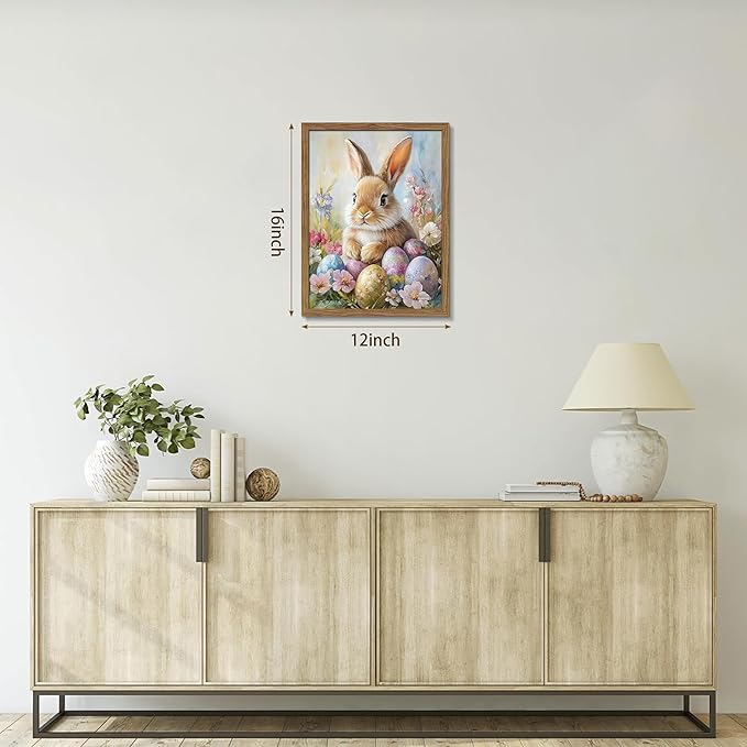 Framed Easter Bunny Wall Art, Cute Bunny with Eggs Poster Prints, Vintage Cottage Holiday Theme Canvas Artwork, Spring Atmosphere Wall Decor for Kids Room Girls Bedroom Living Room 12x16in