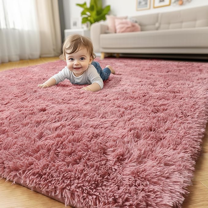 Amdrebio Blush Pink Area Rugs for Girls Bedroom, Furry Fluffy Cute Small Rug 3x5 for Kids Room Playroom, Fuzzy Shaggy Fur Plush Carpet for Nursery Dorm Classroom, Shag Kawaii Dusty Rose Mauve Rugs