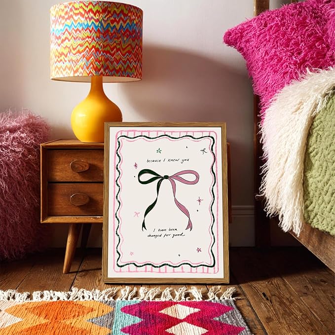Framed Pink Bow Wall Art, Coquette Preppy Canvas Wall Decor Pictures, Trendy Inspirational Quote Paintings Prints Girly Home Decor Aesthetic for Girls Room Bedroom Dorm 12x16 inch