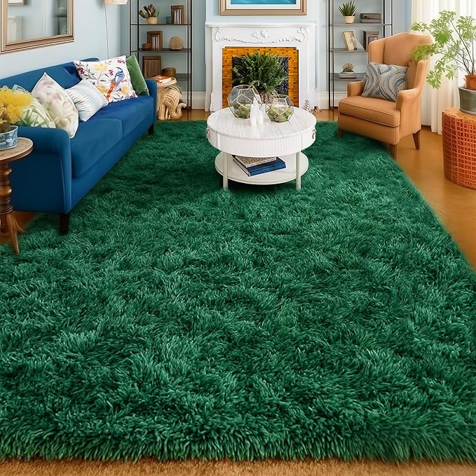 Amdrebio Dark Green Area Rugs for Living Room, 5x8, Fluffy Thick Rug for Bedroom, Soft Indoor Furry Rugs for Kids Room, Teen, Shag Modern Cool Carpet for Nursery Playroom Classroom, Emerald Green