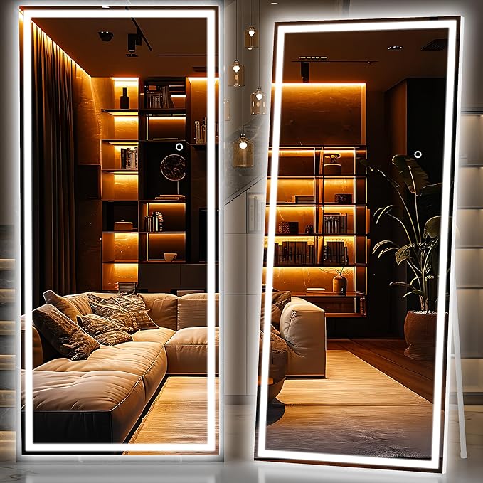 Hasipu Full Length Mirror with Lights, 83" x 36" LED Lighted Floor Standing, Full Body Dressing Hanging Mounted Mirror, Tempered Glass, Square White